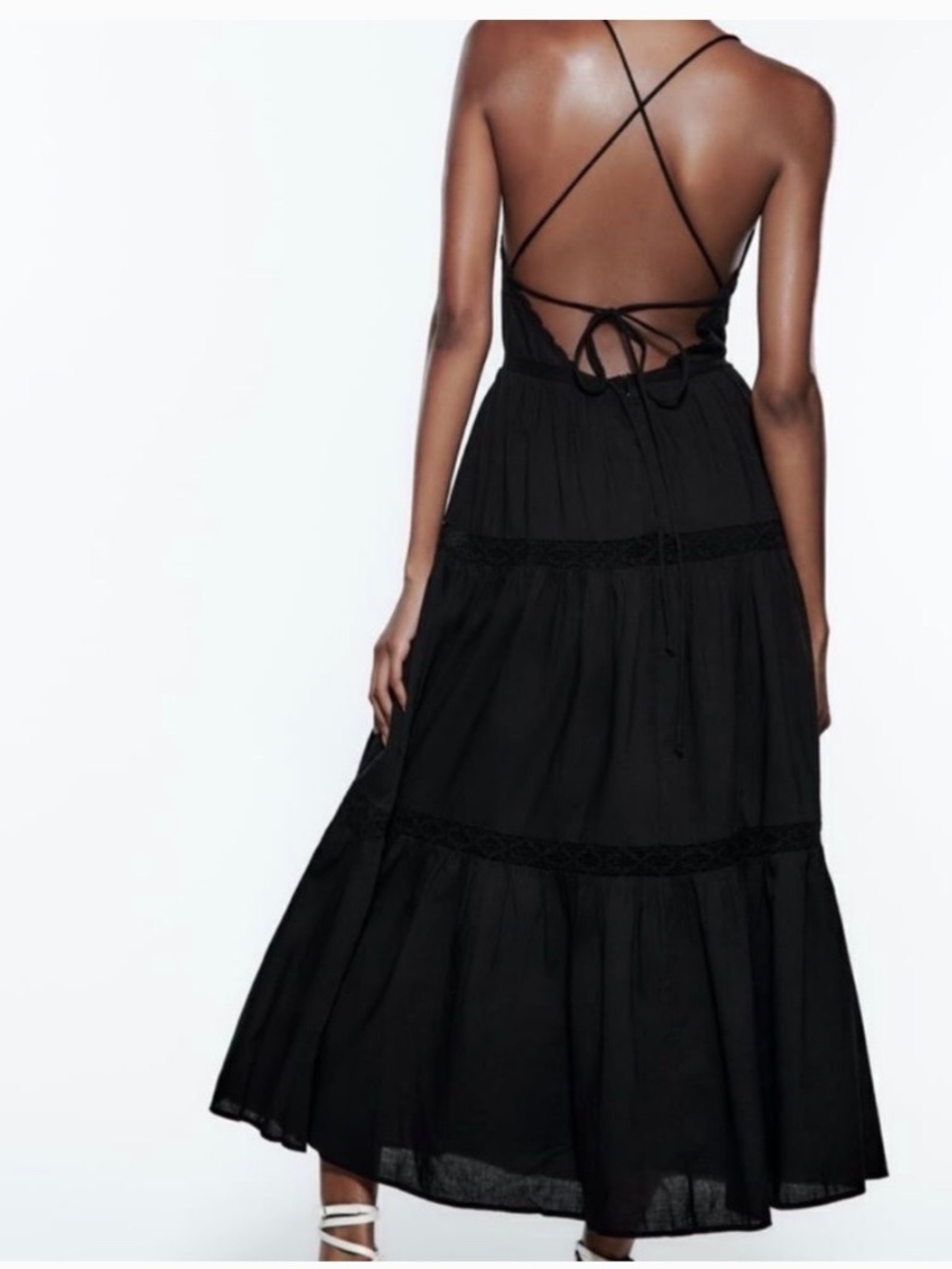 Like New Zara Black Tiered Embroidered Maxi Dress Criss-cross straps - Picture 3 of 4
